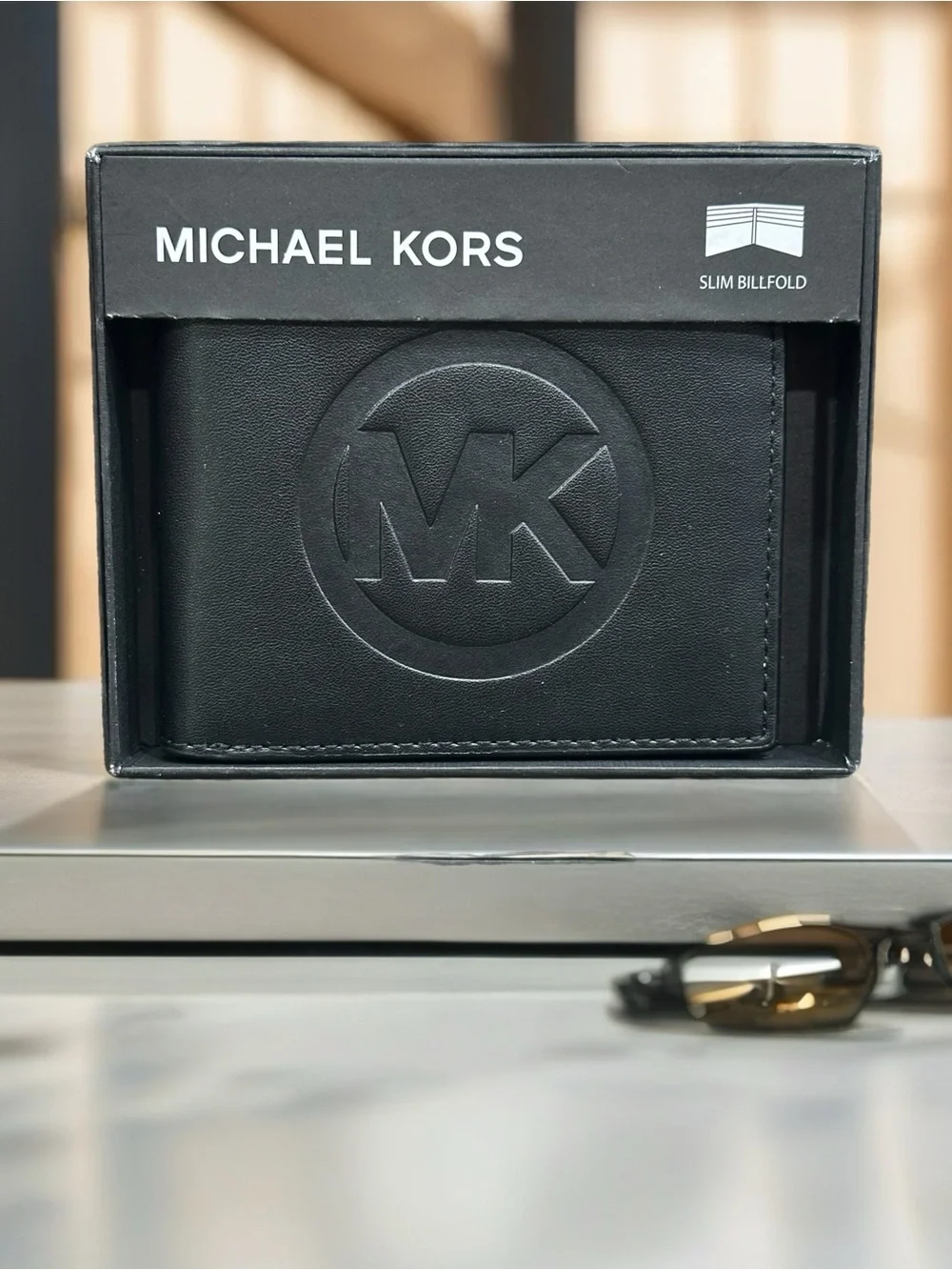 Michael Kors Black Leather Money Clip Wallet with Embossed MK